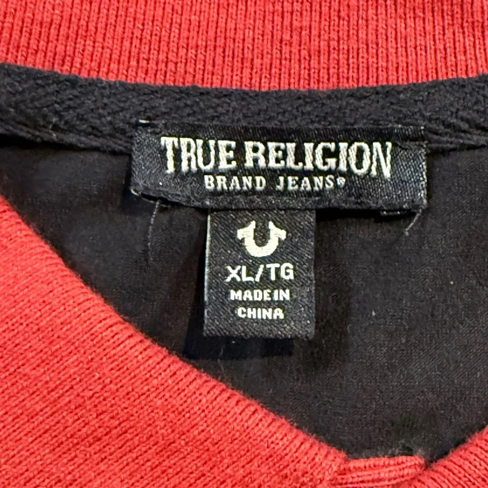 True Religion Mens Polo Shirt Black Red Buddha Guitar Graphic XL Short Sleeve